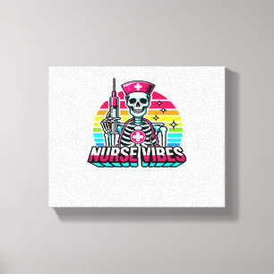 Retro Neon Skeleton Nurse – Funny Spooky Medical D Canvas Print