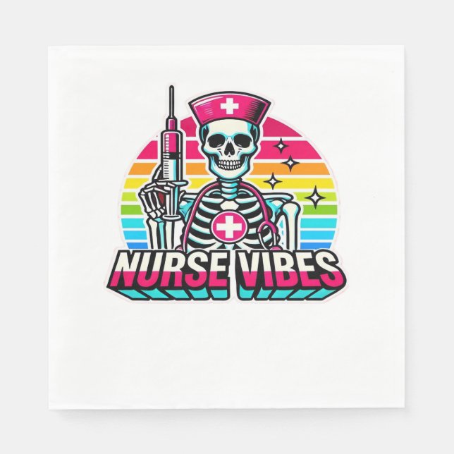 Retro Neon Skeleton Nurse – Funny Spooky Medical D Napkins (Front)