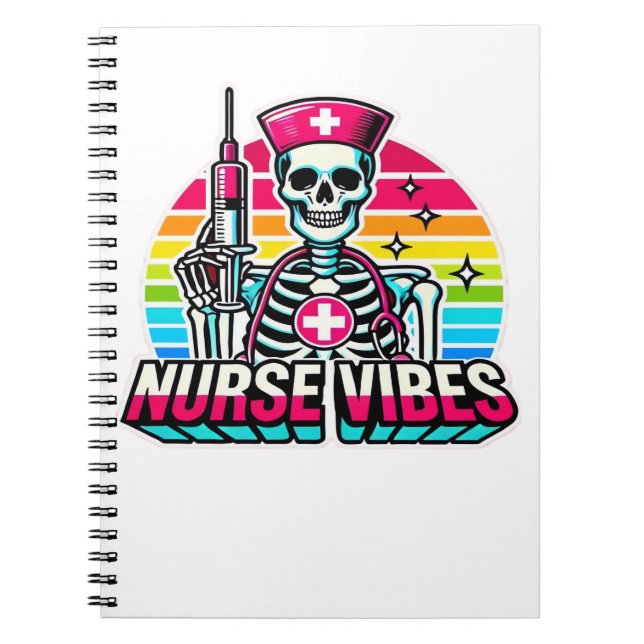 Retro Neon Skeleton Nurse – Funny Spooky Medical D Notebook (Front)