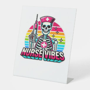 Retro Neon Skeleton Nurse – Funny Spooky Medical D Pedestal Sign