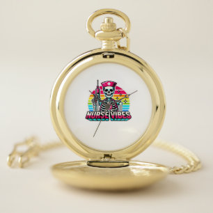 Retro Neon Skeleton Nurse – Funny Spooky Medical D Pocket Watch