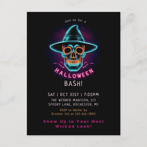 Retro neon skull halloween postcard