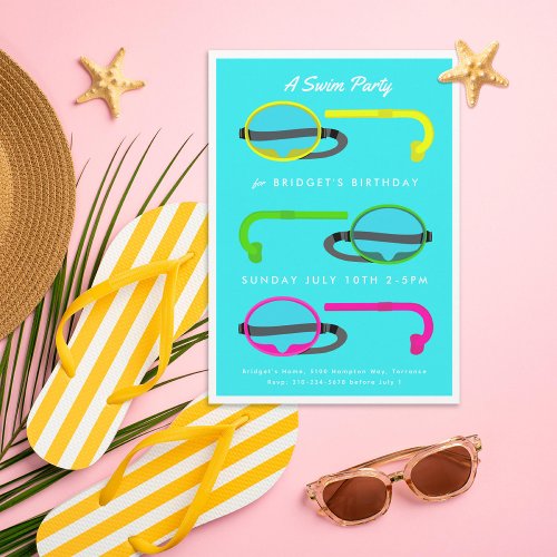 Retro Neon Snorkels Summer Swim Party Invitation