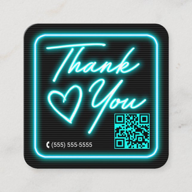 Retro Neon Teal Lighted Sign Customer Thank You Square Business Card (Front)