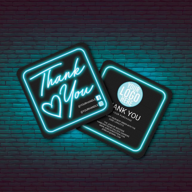 Retro Neon Teal Lighted Sign Customer Thank You Square Business Card (Creator Uploaded)