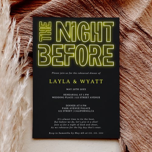 Retro neon yellow night before rehearsal dinner invitation