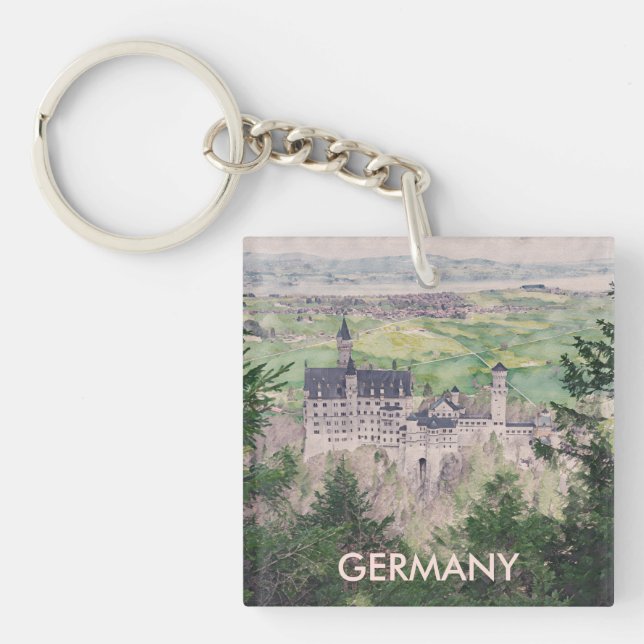 Retro Neuschwanstein Castle in Germany Keychain (Front)