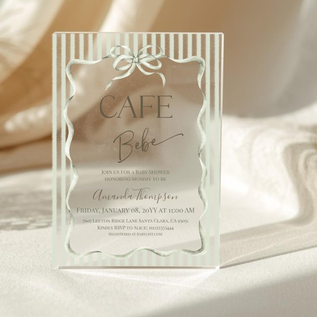 Retro Neutral Bow Cafe Bebe Coffee Baby Shower Acrylic Invitations (Creator Uploaded)