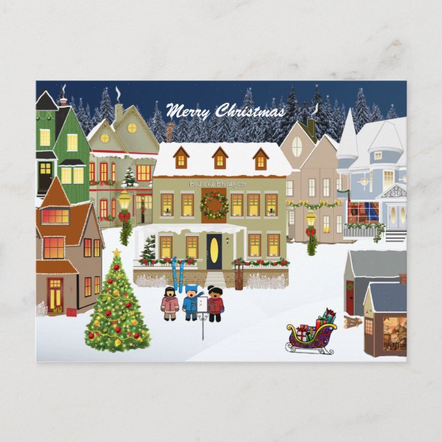 Retro New England Village Christmas Post Card (Front)