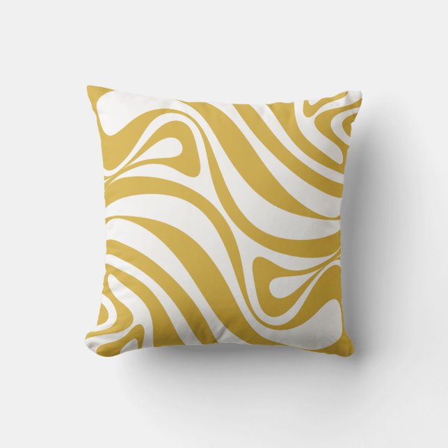 Retro New Groove Trippy Abstract Mustard and White Throw Pillow (Front)
