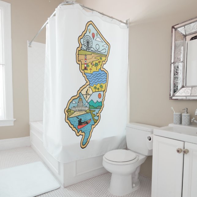 Retro New Jersey Cape May Atlantic City Souvenir Shower Curtain (In Situ)