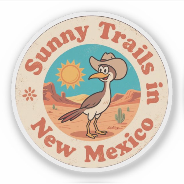 Retro New Mexico Badge_ Roadrunner with Rising Sun Sticker (Front)