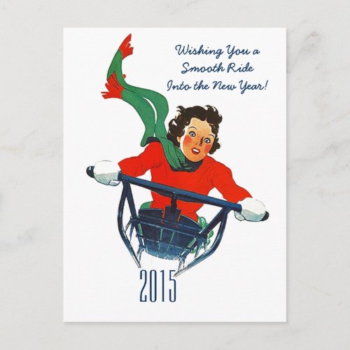 Retro New Years Greeting Winter Sledding Postcard