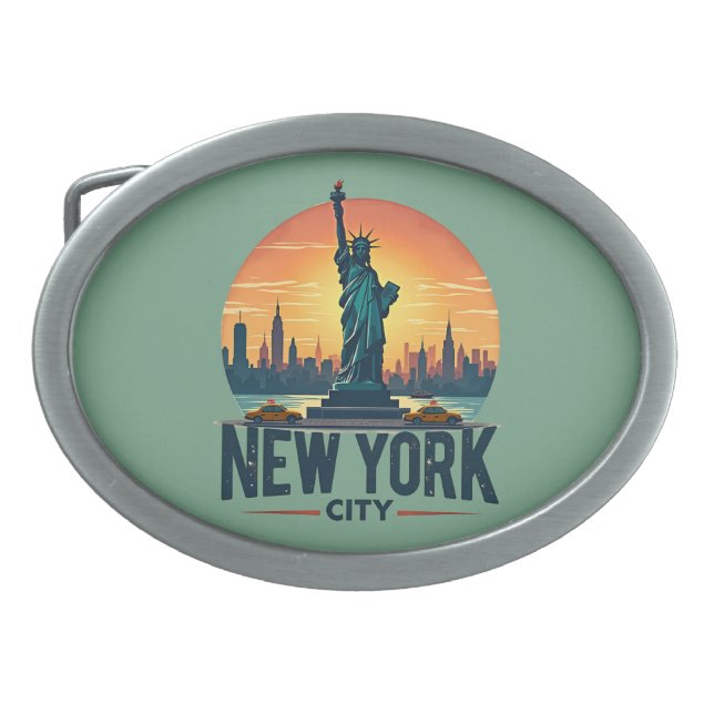 Retro New York City Skyline with Statue of Liberty Belt Buckle (Front)