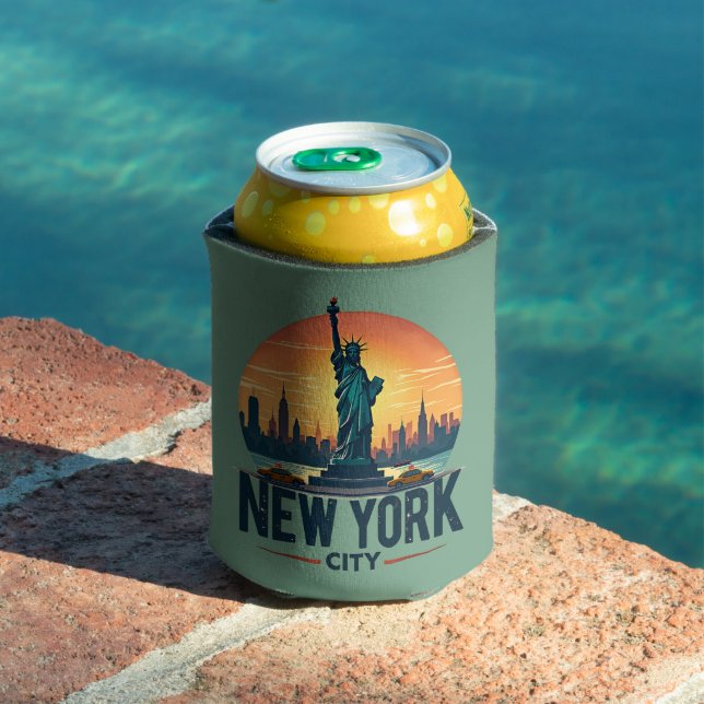 Retro New York City Skyline with Statue of Liberty Can Cooler (In Situ Pool)