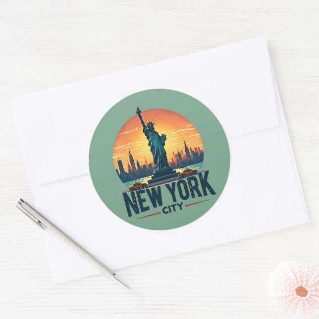 Retro New York City Skyline with Statue of Liberty Classic Round Sticker (Envelope)
