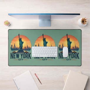 Retro New York City Skyline with Statue of Liberty Desk Mat