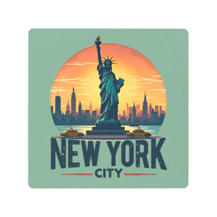 Retro New York City Skyline with Statue of Liberty Metal Print