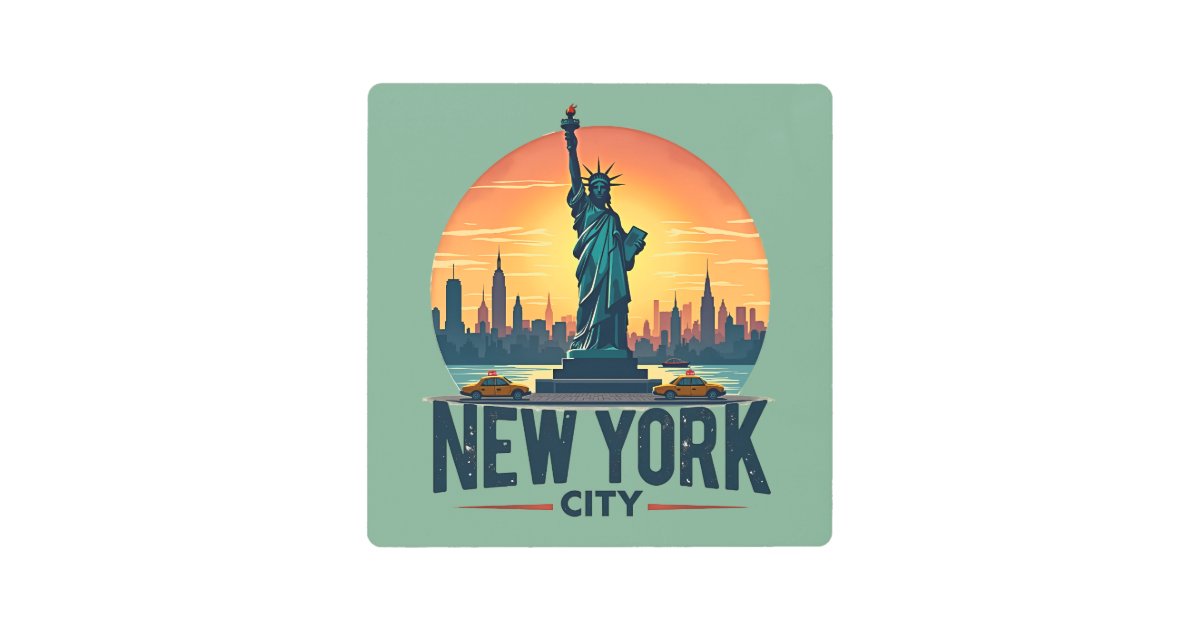 Retro New York City Skyline with Statue of Liberty Metal Print | Zazzle