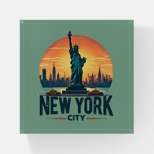 Retro New York City Skyline with Statue of Liberty Paperweight