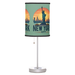 Retro New York City Skyline with Statue of Liberty Table Lamp