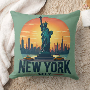 Retro New York City Skyline with Statue of Liberty Throw Pillow