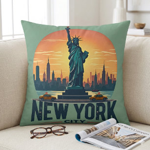 Retro New York City Skyline with Statue of Liberty Throw Pillow