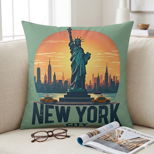 Retro New York City Skyline with Statue of Liberty Throw Pillow (Retro New York City Skyline with Statue of Liberty Throw Pillow Mockup A)