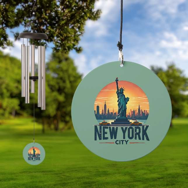 Retro New York City Skyline with Statue of Liberty Wind Chime (Outdoor)