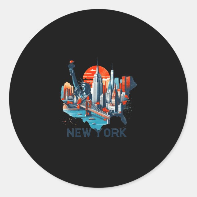 Retro New York Skyline Silhouette _1  Classic Round Sticker (Front)