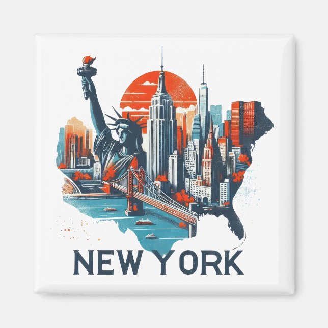 Retro New York Skyline Silhouette Magnet (Front)