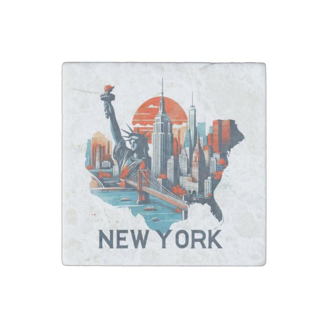 Retro New York Skyline Silhouette Stone Magnet (Front)