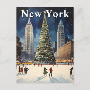 Retro New York Winter Ice Skating Travel Postcard
