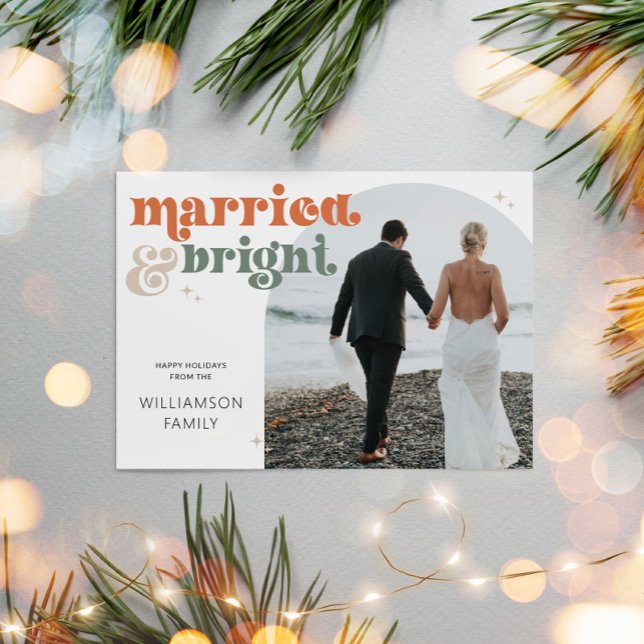 Retro Newlywed Arch Photo Married & Bright Holiday Postcard (Married & Bright Newlywed Christmas Postcard)
