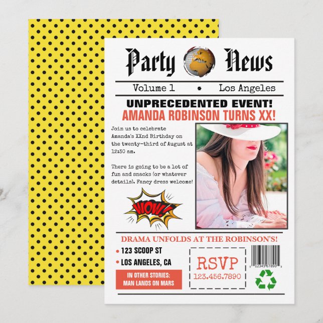 Retro Newspaper Birthday Party Invitation (Front/Back)