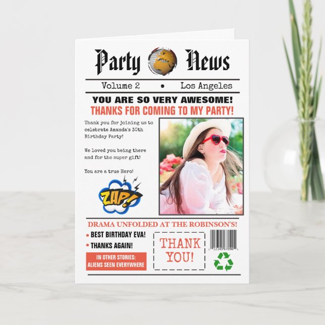 Retro Newspaper Birthday Party Photo Thank You Card (Front)