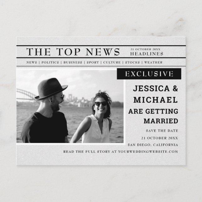 Retro Newspaper Black White Photo Save The Date Invitation Postcard (Front)