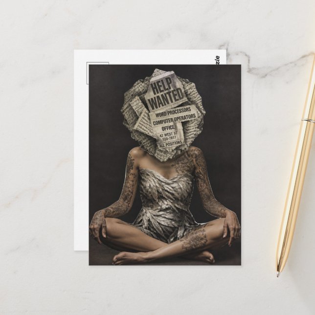 Retro Newspaper Flower Headed Woman Collage Postcard (Front/Back In Situ)