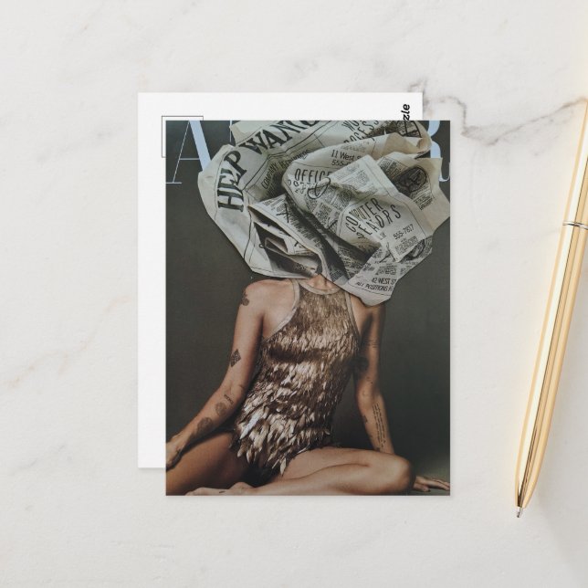 Retro Newspaper Flower Woman Collage Postcard (Front/Back In Situ)
