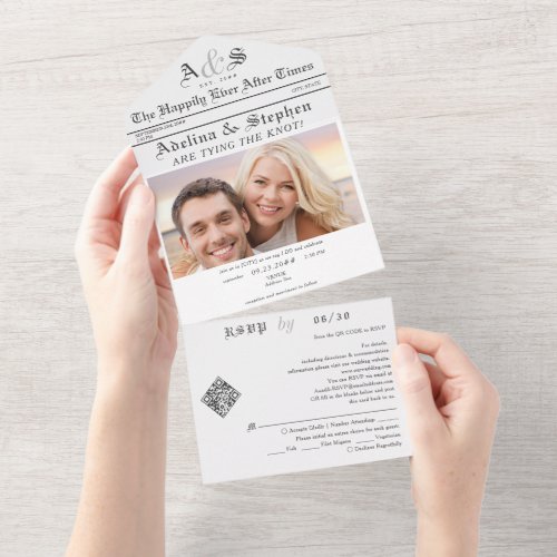 Retro Newspaper Happily Ever After QR Code Wedding All In One Invitation