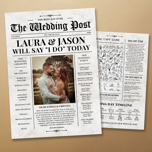 Retro Newspaper Wedding Program with Timeline Card