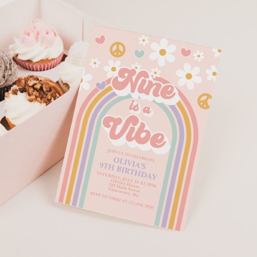 Retro Nine is a Vibe Rainbow 9th Birthday Invitation