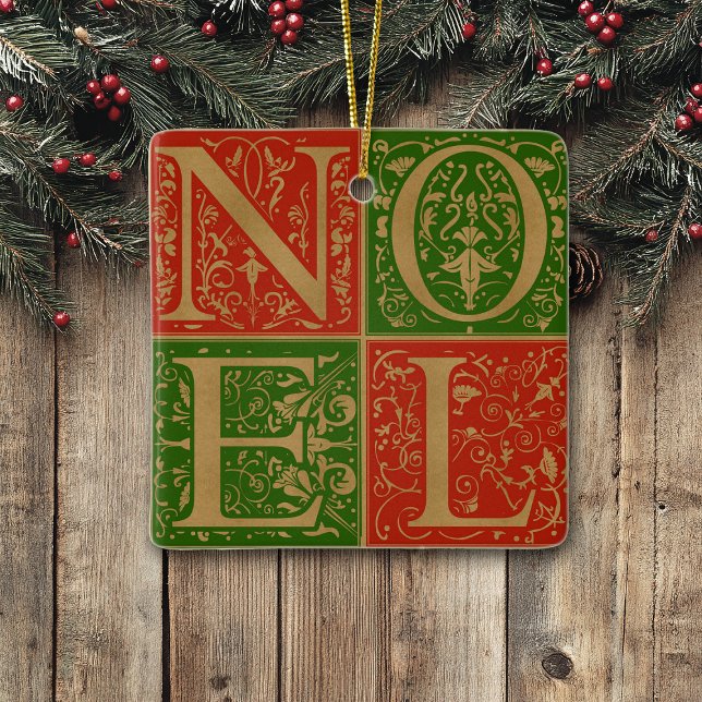 Retro Noel Red and Green Decorative Holiday Ceramic Ornament (Creator Uploaded)