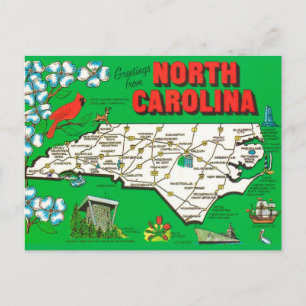 Retro North Carolina Map Postcard