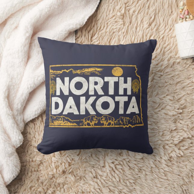 Retro North Dakota Silhouette Throw Pillow (Blanket)