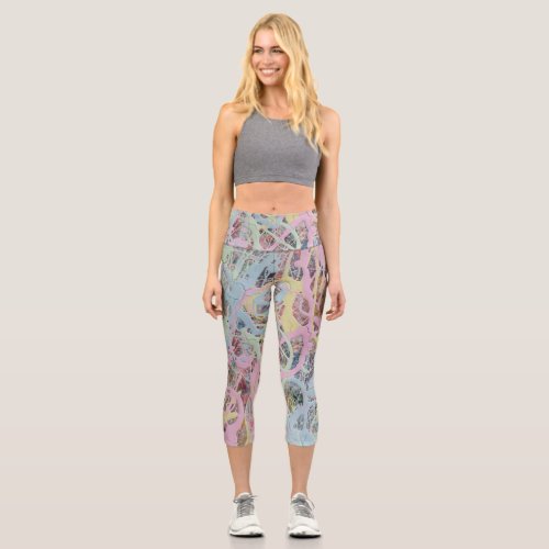 Retro Nouveau art Deco inspired pastel abstract Capri Leggings