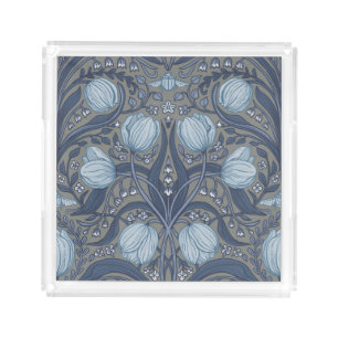 Retro Nouveau Tulips in blue and pewter Acrylic Tray