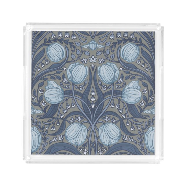 Retro Nouveau Tulips in blue and pewter Acrylic Tray (Front)