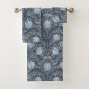 Retro Nouveau Tulips in blue and pewter Bath Towel Set