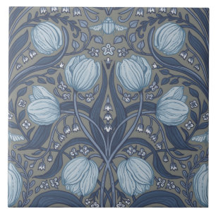 Retro Nouveau Tulips in blue and pewter Ceramic Tile